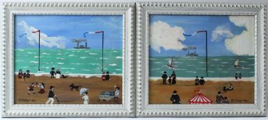 M CHAPMAN Beach scenes pair of oil on boards both signed 24 x 29cm (2)