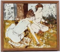 BERNARD DUFOUR Two young women with a basket of flowers acrylic on canvas signed 38 x 45.5cm