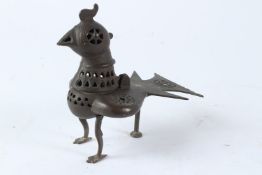 AN UNUSUAL 19TH CENTURY EARLY PERSIAN STYLE INDIA BIRD SHAPED BRASS INCENSE BURNER. 15cms high.