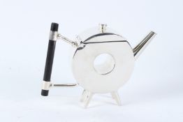 A CHRISTOPHER DRESSER STYLE PLATED CIRCULAR TEAPOT.