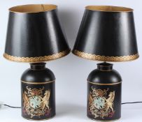 A PAIR OF LARGE TOLEWARE STYLE BLACK TABLE LAMPS AND SHADES. 70cms high overall.