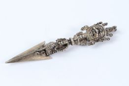 A TIBETAN WHITE METAL VAJRA. 16cms long.