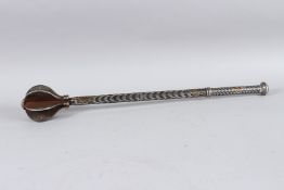 A PERSIAN SILVER INLAID MACE. 54cm long.