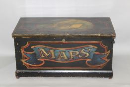 A PAINTED PINE TRUNK, the hinged top painted with an oval panel depicting sailing ships, the front