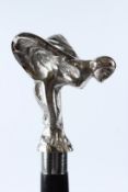 A WALKING STICK, THE HANDLE MODELLED AS THE SPIRIT OF ECSTASY MASCOT. 95cms long.