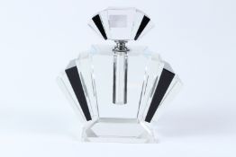 A LARGE ART DECO STYLE BLACK TINTED GLASS SCENT BOTTLE. 22cms.