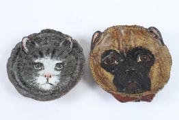 TWO COLD PAINTED BRONZE PUG DOG AND CAT HEAD DISHES.