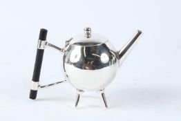 A CHRISTOPHER DRESSER STYLE PLATED GLOBULAR TEAPOT.