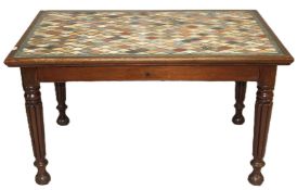 A 19TH CENTURY MAHOGANY AND SPECIMEN MARBLE RECTANGULAR TABLE, the top inset with numerous diamond