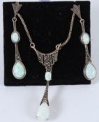 A SILVER MARCASITE AND OPAL EARRINGS AND NECKLACE SET.