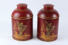 A PAIR OF TOLEWARE STYLE TEA CANISTERS. 36cms high.