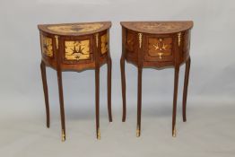 A PAIR OF FRENCH STYLE MARQUETRY INLAID DEMI-LUNE THREE DRAWER BEDSIDE TABLES. 2ft 3.5ins high x 1ft