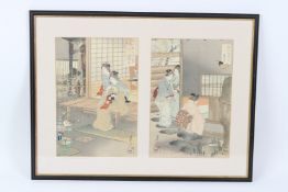 A PAIR OF JAPANESE WOODBLOCK PRINTS. YASHIMA GAKUTEI. SATSUMA NO FUKUYORIME in one frame. Each 32cms