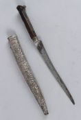 AN 18TH - 19TH CENTURY OTTOMAN BALKANS HORN HILTED YATAGHAN DAGGER with silver scabbard. 35cms