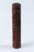 A VERY FINELY CARVED 19TH CENTURY SOUTH INDIAN MAYSORE SANDALWOOD CYLINDRICAL CONTAINER. 23cms