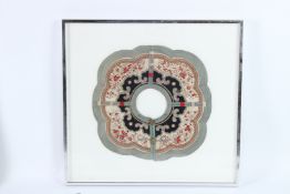 A GOOD CHINESE SQUARE SHAPED SILKWORK PANEL with figures and flowers. 34cms square, framed and