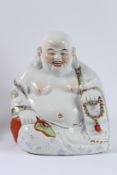 A GOOD LARGE PORCELAIN FIGURE, THE LAUGHING BUDDHA, robe with motifs and holding a string of gilt