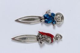 TWO SILVER AND ENAMEL BEATRIX POTTER CAT AND DUCK BOOKMARKS.