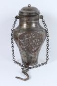A PERSIAN TINNED COPPER HANGING VESSEL with a lid. TABRIZ 19TH CENTURY. 33cms high.