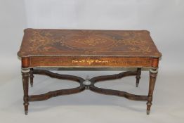 A FRENCH STYLE MARQUETRY INLAID RECTANGULAR COFFEE TABLE with X-shaped stretcher. 3ft 4ins long x