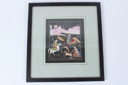 ILKNUR SLIZR. Hunting Party. Framed and glazed 17cms x 14cms.
