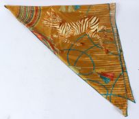 CASTANOHEL, LONDON, A triangular shape silk scarf decorated with zebras. 185cms x 95cms.