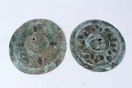 TWO LARGE 12TH - 13TH CENTURY PERSIAN SELJUK KHURASAN DOOR BOSSES. 24cms diameter.