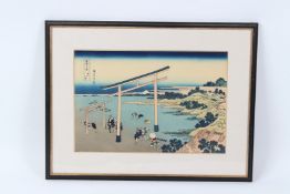 A JAPANESE WOODBLOCK PRINT. KATSUSHIKA HOKUSAI. Coast of Noboto. Framed and glazed. 26cms x 38cms.
