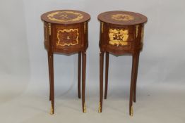 A PAIR OF FRENCH STYLE MARQUETRY INLAID CIRCULAR THREE DRAWER BEDSIDE TABLES. 2ft 3.5ins high x