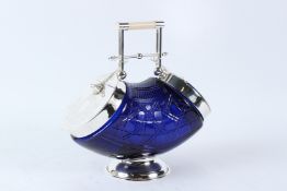 A PLATED AND BLUE GLASS DOUBLE ENDED BISCUIT BARREL. 38cms wide x 28cms high.