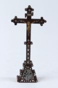AN 18TH CENTURY HOLY LAND JERUSALEM MOTHER-OF-PEARL INLAID OLIVE WOOD CRUCIFIX. 29cms high.