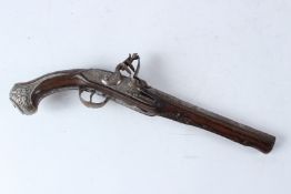 AN 18TH - 19TH CENTURY OTTOMAN BALKANS SILVER INLAUD AND MOUNTED FLINTLOCK PISTOL. 38cms long.