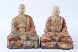 TWO PAINTED STUCCO AND WOOD FIGURES OF BUDDHIST MONKS, Ming Dynasty (1368 - 1644), each seated in