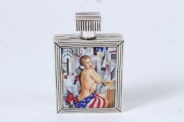 A SILVER PLATED ART DECO LADY ENAMEL RUBY SET PERFUME BOTTLE.