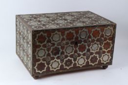 A VERY FINE AND LARGE ISLAMIC, POSSIBLY INDIAN, WHITE METAL MOUNTED WOODEN BOX depicting geometric