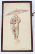 CHIKA. Watercolour of a woman holding an umbrella. Signed. 30cms x 17cms.