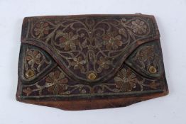 A FINE AND LARGE 18TH CENTURY OTTOMAN TURKISH METAL THREAD EMBROIDERED LEATHER PURSE. 22cms wide.