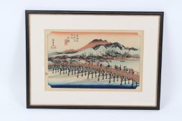 A JAPANESE WOODBLOCK PRINT. SANJO OHASHI BRIDGE, located in KYOTO, JAPAN. Framed and glazed. 20cms x