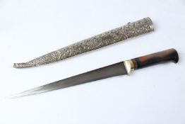 A VERY FINE 19TH CENTURY OTTOMAN AGATE HILTED WATERED STEEL DAGGER with silver scabbard. 36cms