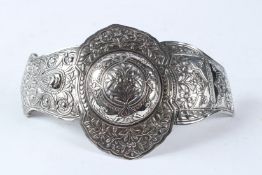 A VERY LARGE 19TH CENTURY OTTOMAN BALKANS WHITE METAL BELT BUCKLE. 370 grams. 27cms.