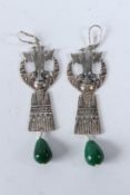 A PAIR OF EGYPTIAN REVIVAL SILVER AND JADE DROP EARRINGS.