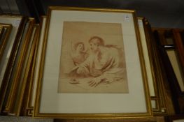 After Bartolozzi, a scholar with an angel, sepia print and various other prints and engravings after