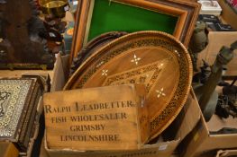 An Eastern inlaid tray and other items.