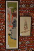 Japanese School, standing female figure together with a small watercolour of a Japanese woman with a