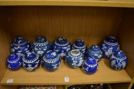 A collection of Chinese blue and white prunus pattern ginger jars.