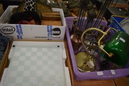 A desk lamp, miscellaneous collectables to include a chess board.
