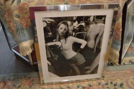 Kate Moss, black and white colour print, framed and glazed together with another depicting Marilyn