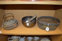 An Eastern embossed white metal casket with hinged cover together with other items.