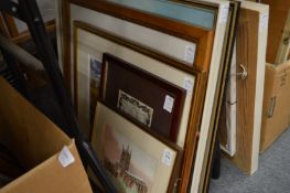 Five decorative pictures and prints together with a framed and glazed map.