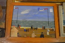 M Chapman, beach scene with figures, oil on board, signed.